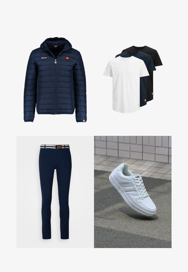 Tumedat sinised puffer jakk kapuutsiga, lukuga suletav, kanalite õmblustega ning logo aktsentidega rinnal ja varrukal. Pehme, tekstuuriga kangas.; Kolm lühikeste varrukatega T-särki valges, tumesinises ja mustas värvitoonis. Valmistatud puuvillast, ümar kaelus ja sirge serv. Lihtne disain, ilma mustriteta.; Tumedat sinises puuvillased püksid, mis on slim fit stiilis, kontrastse triibulise vöökohtadega ja pruuni nahast aksessuaarvööga.; Valge spordijalanõud silederja nahkvarrega, ninast paeltega, perforatsiooni tõttu ventilatsiooniga ning mustrilise tallaga. Minimalistlik disain, millel on kolm külgmist triipu.