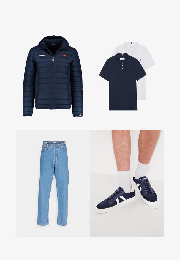 Námornícky modrá prešívaná bunda s kapucňou, zipsom, kanálovým prešívaním a logovými akcentmi na hrudi a rukáve. Mäkkučká, textúrovaná tkanina.; Dvoje polo tričiek: jedno námornícky modré a jedno biele, obidve s malým červeným, bielym a modrým akcentom na vrecku a golieri.; Svetlomodré vysoké rovné džínsy so zapínaním na gombík a zips, pútka na opasok a dizajn s piatimi vreckami na bielom pozadí.; Námornícke modré tenisky s bielymi akcentmi a šnúrkami, s elegantným dizajnom, vyrobené z plátna a gumy, s textúrovanou špičkou a stranami.