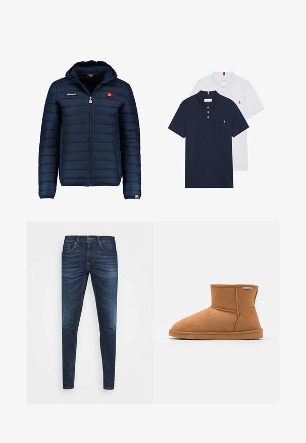 Dunkelblaue Daunenjacke mit Kapuze, Reißverschluss, Kastensteppnähten und Logo-Akzenten auf der Brust und dem Ärmel. Weicher, strukturierter Stoff.; Zwei Poloshirts: eines in marineblau und eines in Weiß, beide mit einem kleinen rot, weiß und blauen Akzent auf der Brusttasche und dem Kragen.; Dunkelblaue Jeans im Slim Fit mit subtiler Verwaschung, fünf Taschen und einem Metallknopfverschluss. Genähte Akzente in kontrastierender Farbe.; Braune Wildleder-Stiefelette mit runder Zehenpartie, weicher Innenausstattung, gesteppten Details und Gummisohle. Markenschild an der Seite sichtbar.