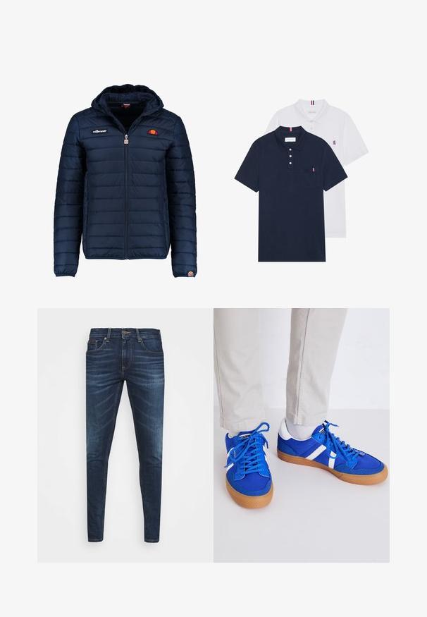 Marineblå puffjakke med hette, glidelås, kanalsøm og logoaksenter på brystet og ermet. Mykt, teksturert stoff.; To polo skjorter: en marineblå og en hvit, begge med en liten rød, hvit og blå aksent på brystlommen og kragen.; Mørkeblå denimjeans med smal passform, subtil falming, fem lommer og metallknaplukking. Sømmer i kontrastfarge.; Jack & Jones JFWMORDEN - Joggesko - imperial blue