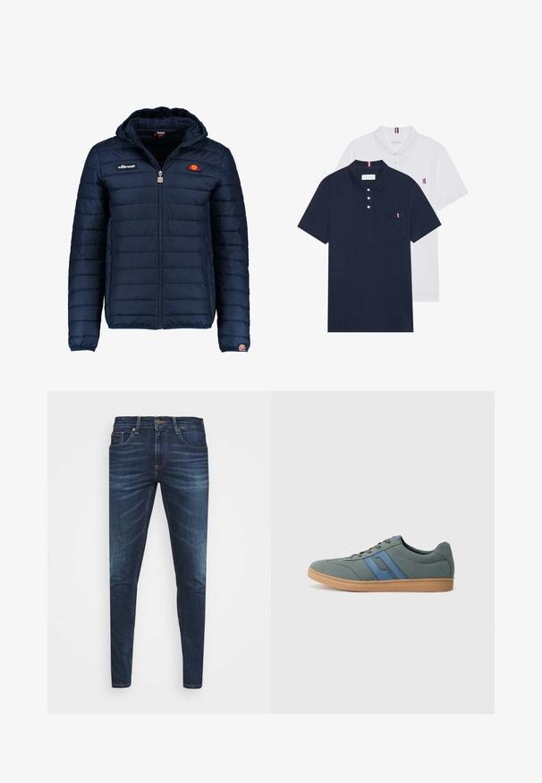 Tummansininen puhvitakki, jossa on huppu, vetoketjukiinnitys, kanavapistoilu ja logoteemaiset yksityiskohdat rinnassa ja hihassa. Pehmeä, teksturoitu kangas.; Kaksi polo-paitaa: yksi tummansininen ja yksi valkoinen, molemmissa pieni punainen, valkoinen ja sininen yksityiskohta rintataskussa ja kauluksessa.; Tummansiniset farkut, joissa on slim fit -leikkaus, hienovarainen haalistuma, viisi taskua ja metallinen napitus. Kontrastiväriset ompeleet.; Vaaleanvihreät mokkasneakerit sinisillä yksityiskohdilla, tasaiset nauhat ja beige kumipohja. Pyöristetty kärki ja matala muotoilu.