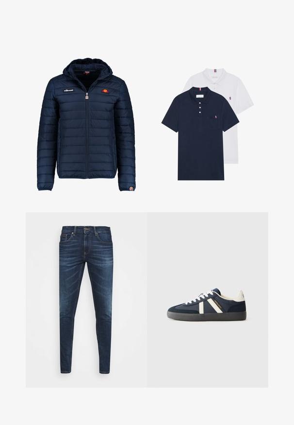 Tumedat sinised puffer jakk kapuutsiga, lukuga suletav, kanalite õmblustega ning logo aktsentidega rinnal ja varrukal. Pehme, tekstuuriga kangas.; Kaks polo särki: üks tumesinine ja üks valge, mõlemal on rinnataskul ja krael väike punase, valge ja sinise aktsent.; Tumedat sinised teksad kitsas lõikes, kerge kulumisega, viie taskuga ja metallnööbiga sulgemine. Õmmeldud aktsendid kontrastsetes värvides.; Tumesinine Tossud valgete paeltega, külgedel kaks valget riba, must talla ja "JACK & JONES" bränding kuldse ja musta värviga.