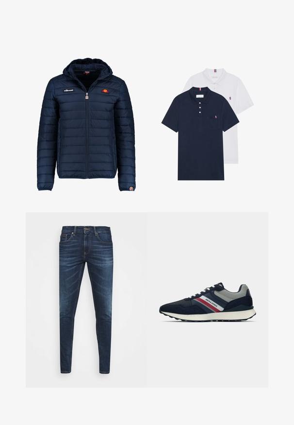 Tumedat sinised puffer jakk kapuutsiga, lukuga suletav, kanalite õmblustega ning logo aktsentidega rinnal ja varrukal. Pehme, tekstuuriga kangas.; Kaks polo särki: üks tumesinine ja üks valge, mõlemal on rinnataskul ja krael väike punase, valge ja sinise aktsent.; Tumedat sinised teksad kitsas lõikes, kerge kulumisega, viie taskuga ja metallnööbiga sulgemine. Õmmeldud aktsendid kontrastsetes värvides.; Tumesinava sportlikud jalanõud hallide aktsentidega, millel on segu võrkkangast ja seemisnahast, valge vaheosa ning punased ja sinised triibud küljel.