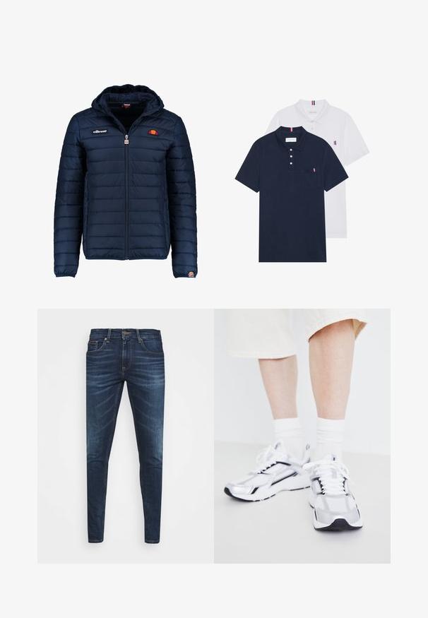 Tengerészkék puffos dzseki kapucnival, cipzáras záródással, csatorna varrással, és logóval díszített mellkassal és ujjakkal. Puha, texturált anyag.; Két pólóing: az egyik sötétkék, a másik fehér, mindkettőn kicsi piros, fehér és kék díszítés található a mellzsebből és a galléron.; Sötétkék farmernadrág, testhezálló fazonnal, finom áttűnéssel, öt zsebbel és fémből készült gombzárral. Kontrasztos színű varrási díszítések.; Jack & Jones JFWTOKYO - Sportcipő - bright white/black
