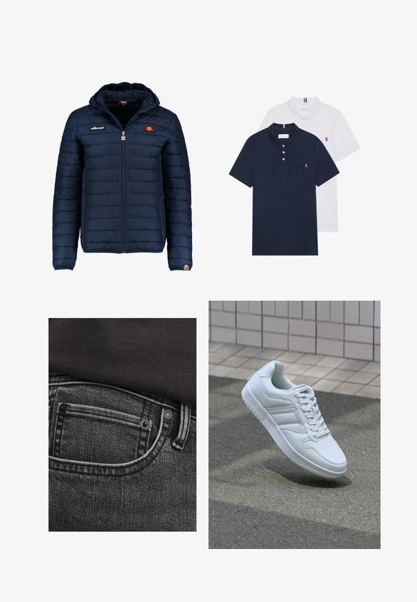 Mornaricnoplava pufasta jakna s kapuljačom, zatvaranje na zip, kanalno šivanje i akcenti s logom na prsima i rukavu. Mekani, teksturirani materijal.; Dva polo majice: jedna tamnoplava i jedna bijela, obje s malim crveno-bijelim-plavim naglaskom na džepu i ovratniku.; Tamno sivi traperice s gornjim džepom, kontrastnim šavovima i metalnim zakovicama. Tekstura izgleda blago istrošeno s vertikalnim linijama.; Bijela atletska tenisica s glatkim kožnim gornjim dijelom, vezanjem sprijeda, perforiranim vrhom i uzorkovanim đonom. Minimalistički dizajn s tri bočne pruge.