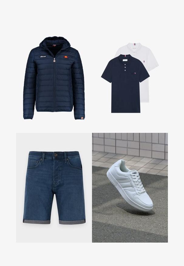 Námornícky modrá prešívaná bunda s kapucňou, zipsom, kanálovým prešívaním a logovými akcentmi na hrudi a rukáve. Mäkkučká, textúrovaná tkanina.; Dvoje polo tričiek: jedno námornícky modré a jedno biele, obidve s malým červeným, bielym a modrým akcentom na vrecku a golieri.; Džínové šortky v tmavomodrej farbe s prehnutým sivým lemom. Obsahujú klasický dizajn s piatimi vreckami a zapínanie na gombík v páse.; Biele atletické tenisky s hladkým koženým zvrškom, šnurovaním vpredu, perforovanou špičkou a vzorovanou podrážkou. Minimalistický dizajn s tromi bočnými pruhmi.