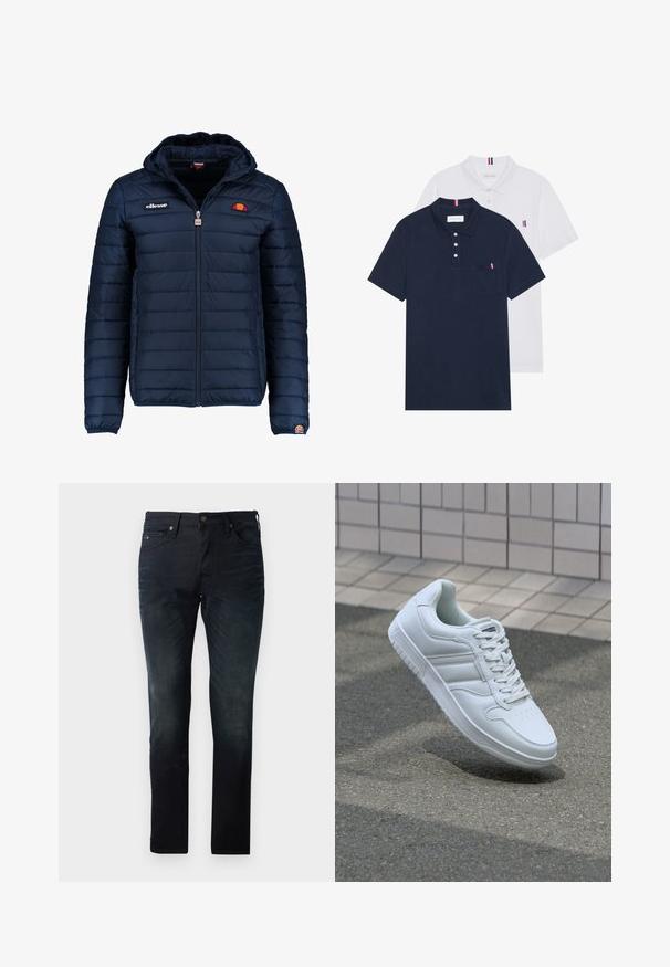 Casaco puffer azul marinho com capuz, fecho de correr, costura em canais e detalhes do logo no peito e na manga. Tecido macio e texturizado.; Duas camisetas polo: uma azul-marinho e uma branca, ambas com um pequeno detalhe em vermelho, branco e azul no bolso do peito e na gola.; Jeans de ganga azul escuro com corte reto, apresentando cinco bolsos, um fecho de botão e variações de textura discretas.; Sapatilha desportiva branca com parte superior em couro liso, frente com atacadores, bico perfurado e sola padronizada. Design minimalista com três riscas laterais.