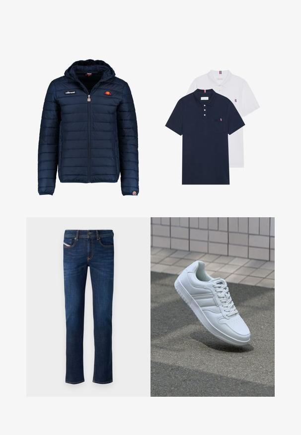 Marineblå puffjakke med hette, glidelås, kanalsøm og logoaksenter på brystet og ermet. Mykt, teksturert stoff.; To polo skjorter: en marineblå og en hvit, begge med en liten rød, hvit og blå aksent på brystlommen og kragen.; Mørkeblå denimbukser med rett ben-design, med oransje sømmer og et lite merke på baklommen.; Hvit atletisk sneaker med glatt skinnoverside, snøring foran, perforert tå og mønstrets såle. Minimalistisk design med tre side-striper.