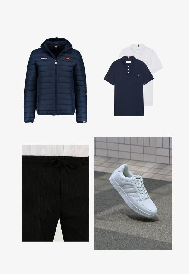 Marineblauwe gewatteerde jas met een capuchon, ritsluiting, kanalenstiksel en logoaccenten op de borst en mouw. Zachte, gestructureerde stof.; Twee polo shirts: één marineblauw en één wit, beide met een kleine rood, wit en blauwe accent op de borstzak en kraag.; Zwarte geribbelde sweatpants met een elastische tailleband en trekkoorddetail. De textuur is zacht met verticale lijnen, waardoor een subtiel patroon ontstaat.; Witte sportsneaker met een glad leren bovenwerk, vetersluiting aan de voorkant, geperforeerde neus en een geprofileerde zool. Minimalistisch ontwerp met drie zijstrepen.