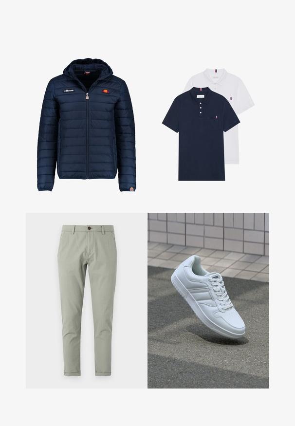 Tengerészkék puffos dzseki kapucnival, cipzáras záródással, csatorna varrással, és logóval díszített mellkassal és ujjakkal. Puha, texturált anyag.; Két pólóing: az egyik sötétkék, a másik fehér, mindkettőn kicsi piros, fehér és kék díszítés található a mellzsebből és a galléron.; Könnyű pamutból készült zöld chinos nadrág, amely testre szabott. Gombos záródással, elülső és hátsó zsebekkel, valamint keskenyített lábrésszel rendelkezik.; Fehér sportcipő sima bőr felsőrésszel, fűzős elülettel, perforált orral és mintázott talppal. Minimalista dizájn három oldalsávval.