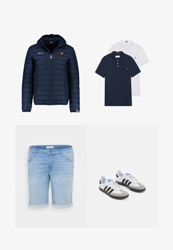 Chaqueta acolchada azul marino con capucha, cierre de cremallera, costuras en canales y acentos de logo en el pecho y la manga. Tejido suave y texturizado.; Dos camisetas polo: una de color azul marino y otra blanca, ambas con un pequeño acento en rojo, blanco y azul en el bolsillo del pecho y el cuello.; Shorts de mezclilla de color azul claro con un acabado ligeramente desgastado, puños enrollados, diseño de cinco bolsillos y cierre de botón metálico.; Zapatillas deportivas con parte superior de piel blanca, puntera de ante gris y tres rayas negras. Presentan un logo azul en la lengüeta y una suela de goma texturizada.