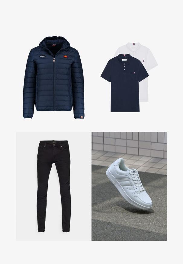 Navy blue puffer jacket with a hood, zip closure, channel stitching, and logo accents on the chest and sleeve. Soft, textured fabric.; Two polo shirts: one navy blue and one white, both with a small red, white, and blue accent on the chest pocket and collar.; Black skinny jeans made of denim, featuring a classic 5-pocket design and a button closure, with a smooth texture and minimal detailing.; White athletic sneaker with smooth leather upper, lace-up front, perforated toe, and patterned sole. Minimalist design with three side stripes.