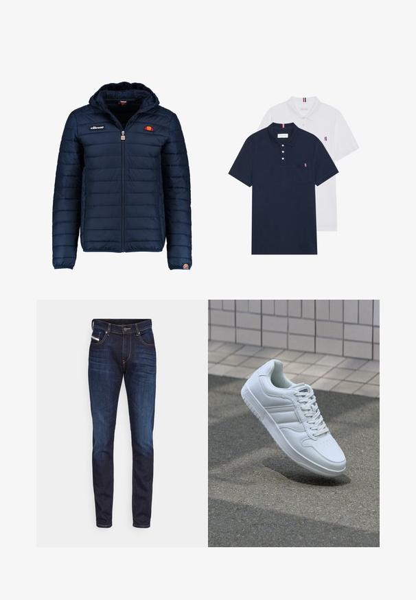 Navy blue puffer jacket with a hood, zip closure, channel stitching, and logo accents on the chest and sleeve. Soft, textured fabric.; Two polo shirts: one navy blue and one white, both with a small red, white, and blue accent on the chest pocket and collar.; Diesel 2019 D-STRUKT - Slim fit jeans - 01; White athletic sneaker with smooth leather upper, lace-up front, perforated toe, and patterned sole. Minimalist design with three side stripes.