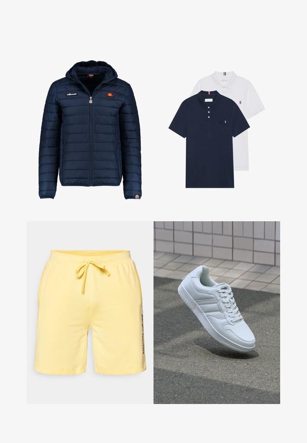 Tamsiai mėlynas pūkinis švarkas su gobtuvu, užtrauktuku, kanalų siuvimu ir logotipo akcentais krūtinėje bei rankovėje. Minkšta, tekstūruota medžiaga.; Du keturių marškiniai: vienas tamsiai mėlynas ir vienas baltas, abu su mažais raudonais, baltais ir mėlynais akcentais ant krūtinės kišenės ir apykaklės.; Šviesiai geltoni šortai, pagaminti iš minkštos medvilnės, su elastinga liemene ir raišteliu bei šoninėmis kišenėmis. Išskirtinė prekės ženklo žymė šone.; Baltos sportinės kedai su lygaus odos viršumi, raišteliais priekyje, perforuotu kojų pirštu ir raštuotu padu. Minimalistinis dizainas su trimis šoninėmis juostelėmis.