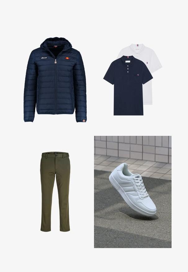 Giubbotto imbottito blu navy con cappuccio, chiusura con zip, cuciture a canale e dettagli con logo sul petto e sulla manica. Tessuto morbido e testurizzato.; Due polo shirt: uno blu navy e uno bianco, entrambi con un piccolo accento rosso, bianco e blu sulla tasca del petto e sul colletto.; Pantaloni verde oliva realizzati in tessuto morbido; presentano una chiusura con bottone, passanti per cintura e gambe dritte con una finitura pulita.; Sneaker sportivo bianco con tomaia in pelle liscia, chiusura con lacci, punta perforata e suola decorata. Design minimalista con tre strisce laterali.