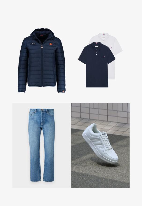Tengerészkék puffos dzseki kapucnival, cipzáras záródással, csatorna varrással, és logóval díszített mellkassal és ujjakkal. Puha, texturált anyag.; Két pólóing: az egyik sötétkék, a másik fehér, mindkettőn kicsi piros, fehér és kék díszítés található a mellzsebből és a galléron.; Világoskék farmernadrág egyenes szárú szabással, klasszikus öt zsebes dizájnnal, gombos záródással és kontrasztos varrással.; Fehér sportcipő sima bőr felsőrésszel, fűzős elülettel, perforált orral és mintázott talppal. Minimalista dizájn három oldalsávval.