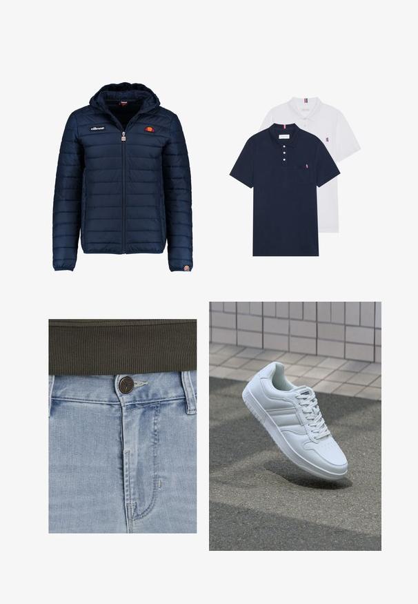Mornaricnoplava pufasta jakna s kapuljačom, zatvaranje na zip, kanalno šivanje i akcenti s logom na prsima i rukavu. Mekani, teksturirani materijal.; Dva polo majice: jedna tamnoplava i jedna bijela, obje s malim crveno-bijelim-plavim naglaskom na džepu i ovratniku.; Svijetloplave traperice klasičnog dizajna, s smešnim dugmetom za zatvaranje i tamnozelenim rebrastim pojasom.; Bijela atletska tenisica s glatkim kožnim gornjim dijelom, vezanjem sprijeda, perforiranim vrhom i uzorkovanim đonom. Minimalistički dizajn s tri bočne pruge.