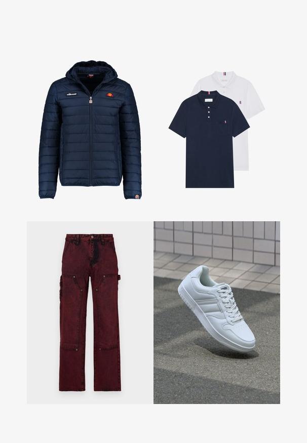 Tums zilā puffer jaka ar kapuci, rāvējslēdzēja aizdare, kanālu šuvēm un logotipa akcentiem uz krūtīm un piedurknēm. Mīksta, teksturēta auduma.; Divas polo kreklu komplekts: viens tumši zils un viens balts, abi ar mazu sarkanu, baltu un zilu akcentu uz krūšu kabatas un apkakles.; Sarkani kravas bikses ar tekstūras apdari, kurām ir plaši priekšējie kabatas, metāla aksesuāri un brīvi taisnā kāju dizains.; Balti sporta apavi ar gludu ādas virsu, sasienamais priekšpuse, perforēts purngals un rakstaina zole. Minimālisma dizains ar trim sānu svītrām.