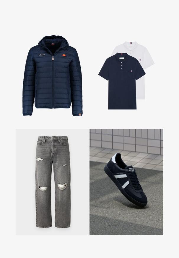 Tums zilā puffer jaka ar kapuci, rāvējslēdzēja aizdare, kanālu šuvēm un logotipa akcentiem uz krūtīm un piedurknēm. Mīksta, teksturēta auduma.; Divas polo kreklu komplekts: viens tumši zils un viens balts, abi ar mazu sarkanu, baltu un zilu akcentu uz krūšu kabatas un apkakles.; Pelēki džinsu bikses ar brīvu piegriezumu, ar izsistiem ceļgaliem, klasisku piecu kabatu dizainu un ar rāvējslēdzēju.; Melnā ādas sporta apavi ar baltām svītrām, teksturēta gumijas zole un auklu aizdare. Iekļauj zīmola etiķeti uz mēles.