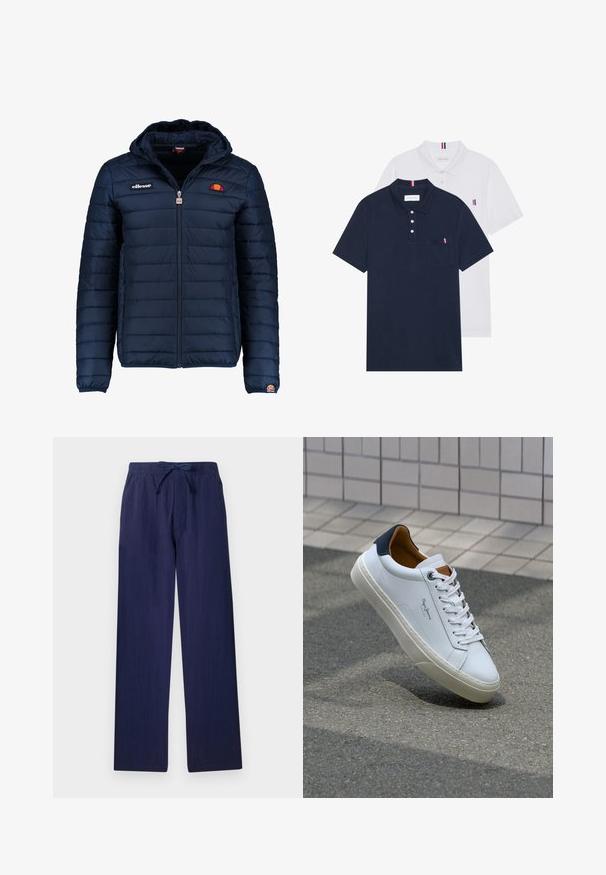 Námořnická modrá péřová bunda s kapucí, zipovým zapínáním, prošívaným vzorem a logem na hrudi a rukávu. Měkká, texturovaná látka.; Dvě polo trička: jedno námořnické modré a jedno bílé, obě s malým červeným, bílým a modrým akcentem na kapse a límci.; Námořnické modré, volné kalhoty vyrobené z lehké látky. Mají elastický pás se šňůrkou a postranní kapsy. Hladká textura.; Bílé kožené tenisky s námořnickým podpatkem, kulatou špičkou a kontrastními hnědými detaily. Obsahují ploché tkaničky a texturovanou gumovou podrážku.