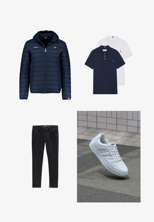 Chaqueta acolchada azul marino con capucha, cierre de cremallera, costuras en canales y acentos de logo en el pecho y la manga. Tejido suave y texturizado.; Dos camisetas polo: una de color azul marino y otra blanca, ambas con un pequeño acento en rojo, blanco y azul en el bolsillo del pecho y el cuello.; Jeans de mezclilla negros ajustados con una textura suave, bolsillos frontales y cremallera. Los detalles desgastados cerca de los muslos realzan el diseño.; Zapatilla atlética blanca con parte superior de cuero suave, cierre de cordones en el frente, puntera perforada y suela con patrón. Diseño minimalista con tres rayas laterales.