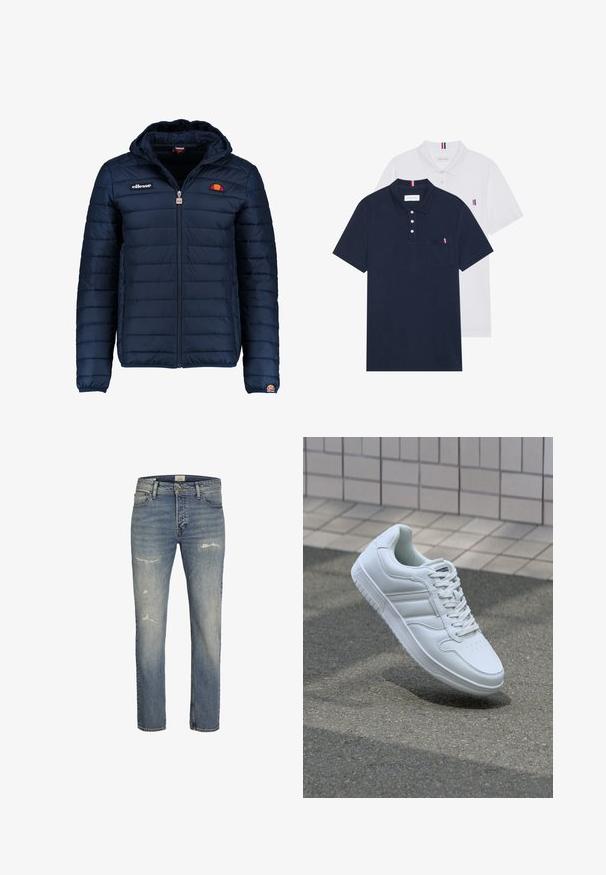 Mornaricnoplava pufasta jakna s kapuljačom, zatvaranje na zip, kanalno šivanje i akcenti s logom na prsima i rukavu. Mekani, teksturirani materijal.; Dva polo majice: jedna tamnoplava i jedna bijela, obje s malim crveno-bijelim-plavim naglaskom na džepu i ovratniku.; Svijetloplave traperice s ravnim nogavicama, istrošenim detaljima na prednjem dijelu i klasičnim stilom s pet džepova te zatvaranjem na patentni zatvarač.; Bijela atletska tenisica s glatkim kožnim gornjim dijelom, vezanjem sprijeda, perforiranim vrhom i uzorkovanim đonom. Minimalistički dizajn s tri bočne pruge.
