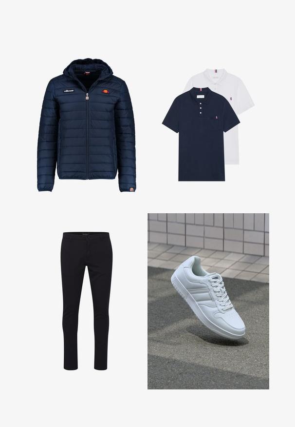 Tamsiai mėlynas pūkinis švarkas su gobtuvu, užtrauktuku, kanalų siuvimu ir logotipo akcentais krūtinėje bei rankovėje. Minkšta, tekstūruota medžiaga.; Du keturių marškiniai: vienas tamsiai mėlynas ir vienas baltas, abu su mažais raudonais, baltais ir mėlynais akcentais ant krūtinės kišenės ir apykaklės.; Tamsiai mėlynos laisvos fasono kelnės, pagamintos iš lygaus, audinio. Savinasi standartinę juosmens liniją, priekiniai kišenės ir vienas mygtuko užsegimas.; Baltos sportinės kedai su lygaus odos viršumi, raišteliais priekyje, perforuotu kojų pirštu ir raštuotu padu. Minimalistinis dizainas su trimis šoninėmis juostelėmis.