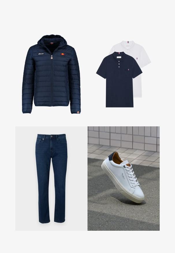 Chaqueta acolchada azul marino con capucha, cierre de cremallera, costuras en canales y acentos de logo en el pecho y la manga. Tejido suave y texturizado.; Dos camisetas polo: una de color azul marino y otra blanca, ambas con un pequeño acento en rojo, blanco y azul en el bolsillo del pecho y el cuello.; Jeans de mezclilla azul oscuro de pierna recta con cinco bolsillos, lazos para cinturón y un cierre de botón metálico en la cintura. Textura suave y diseño clásico.; Zapatilla de cuero blanca con talón en azul marino, punta redonda y acentos en marrón a contraste. Presenta cordones planos y suela de goma texturizada.