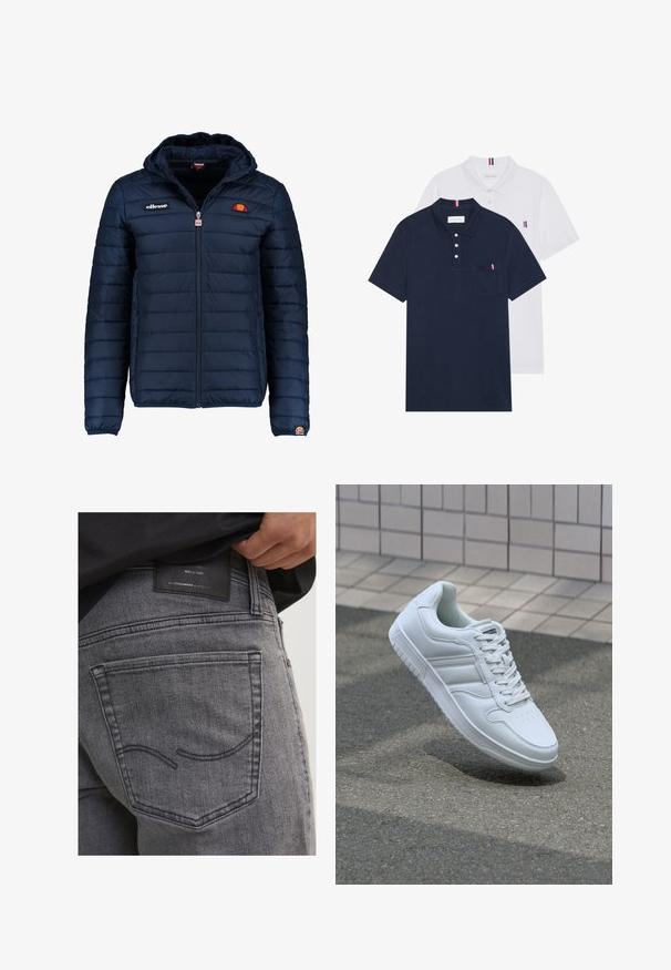 Ναυτικό μπλε ηλεκτρικό μπουφάν με κουκούλα, φερμουάρ, ραφές καναλιού και λογότυπα στο στήθος και το μανίκι. Μαλακό, υφασμάτινο υλικό.; Δύο πουκάμισα πόλο: ένα σκούρο μπλε και ένα λευκό, και τα δύο με ένα μικρό κόκκινο, λευκό και μπλε διακοσμητικό στη τσέπη του στήθους και στον γιακά.; Γκρίζα τζιν παντελόνια με πίσω τσέπη που διαθέτει καμπύλες ραφές και μια μαύρη δερμάτινη ετικέτα που εμφανίζει πληροφορίες σχετικά με τη μάρκα και λεπτομέρειες της κατασκευής.; Λευκό αθλητικό sneaker με λείο δερμάτινο άνω μέρος, κορδόνια μπροστά, τρυπητή μύτη και σχεδιασμένη σόλα. Μινιμαλιστικός σχεδιασμός με τρεις πλευρικές ρίγες.