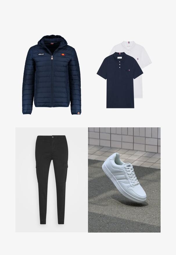 Granatowa kurtka puchowa z kapturem, zapinana na zamek, z przeszyciami w kształcie kanałów oraz akcentami loga na piersi i rękawie. Miękka, teksturowana tkanina.; Dwa koszulki polo: jedna granatowa, a druga biała, obie z małym akcentem w kolorach czerwonym, białym i niebieskim na kieszeni na piersi oraz kołnierzyku.; Czarne spodnie cargo o dopasowanym kroju. Posiadają dwie boczne kieszenie, zapięcie na guzik oraz elastyczne mankiety. Wykonane z mocnego materiału o gładkiej fakturze.; Białe sportowe trampki z gładkiej skóry, z zapięciem na sznurowadła, perforowanym noskiem i wzorzystą podeszwą. Minimalistyczny design z trzema paskami po bokach.
