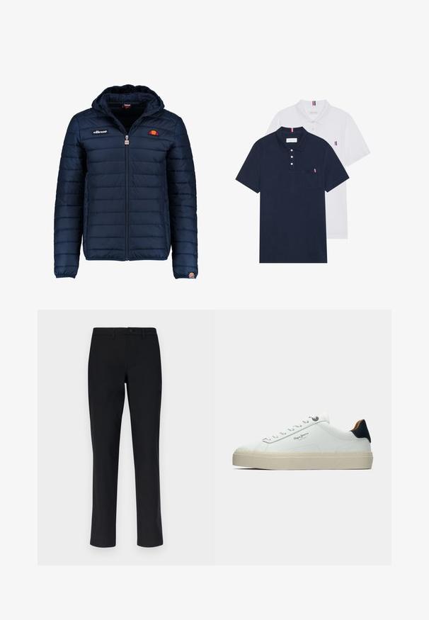 Tengerészkék puffos dzseki kapucnival, cipzáras záródással, csatorna varrással, és logóval díszített mellkassal és ujjakkal. Puha, texturált anyag.; Két pólóing: az egyik sötétkék, a másik fehér, mindkettőn kicsi piros, fehér és kék díszítés található a mellzsebből és a galléron.; Fekete nadrág sima textúrával, egyenes lábbal, szabványos derékpánttal gombos záródással, és látható minták vagy díszítések nélkül.; Fehér bőr sportcipők vastag krém színű talppal, tengerészkék sarok akcentussal és oldalsó logóval. Simább textúra, minimalista dizájn, fűzős záródással.