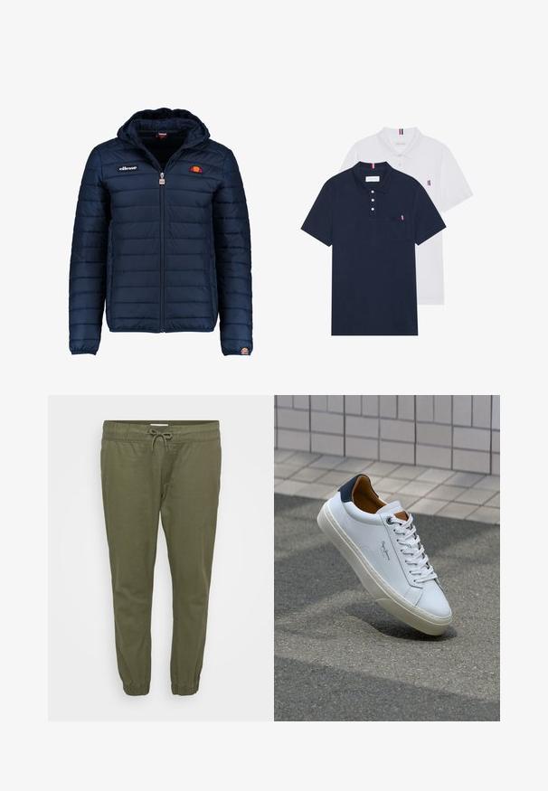 Mornaricnoplava pufasta jakna s kapuljačom, zatvaranje na zip, kanalno šivanje i akcenti s logom na prsima i rukavu. Mekani, teksturirani materijal.; Dva polo majice: jedna tamnoplava i jedna bijela, obje s malim crveno-bijelim-plavim naglaskom na džepu i ovratniku.; Maslinasto zelene, lagane taperirane hlače s elastičnim pojasom, podesivim vezicama i elastičnim manžetama na gležnjevima. Glatka tekstura.; Bijela kožna tenisica s mornarskom petom, okruglim vrhom i kontrastnim smešnim akcentima. Sadrži ravne vezice i teksturiranu gumenu potplat.