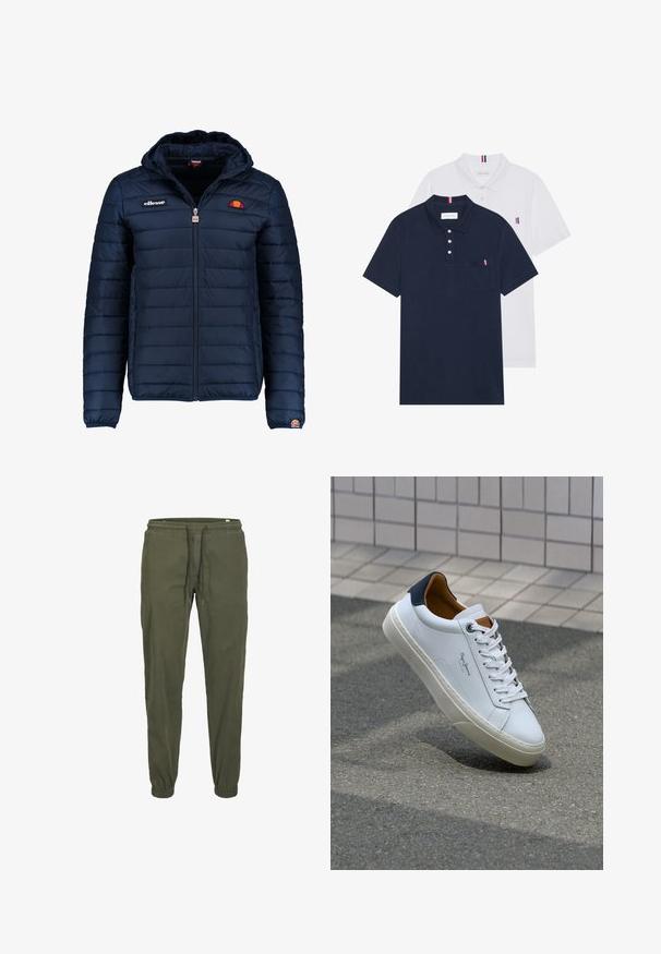 Tengerészkék puffos dzseki kapucnival, cipzáras záródással, csatorna varrással, és logóval díszített mellkassal és ujjakkal. Puha, texturált anyag.; Két pólóing: az egyik sötétkék, a másik fehér, mindkettőn kicsi piros, fehér és kék díszítés található a mellzsebből és a galléron.; Olíva zöld sportnadrág rugalmas derékrésszel, húzózsinórral és beszűkített szárakkal. Puha, struktúrált pamut anyagból készült.; Fehér bőr sneaker sötétkék sarkúval, kerek orral és kontrasztos barna részletekkel. Lapított fűzőkkel és textúrált gumitalppal rendelkezik.