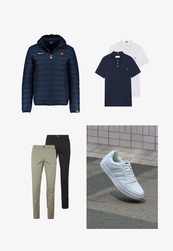 Navy blue puffer jacket with a hood, zip closure, channel stitching, and logo accents on the chest and sleeve. Soft, textured fabric.; Two polo shirts: one navy blue and one white, both with a small red, white, and blue accent on the chest pocket and collar.; Two pairs of slim-fit pants: one in light beige cotton with a button detail, the other in solid black cotton, both with side pockets.; White athletic sneaker with smooth leather upper, lace-up front, perforated toe, and patterned sole. Minimalist design with three side stripes.