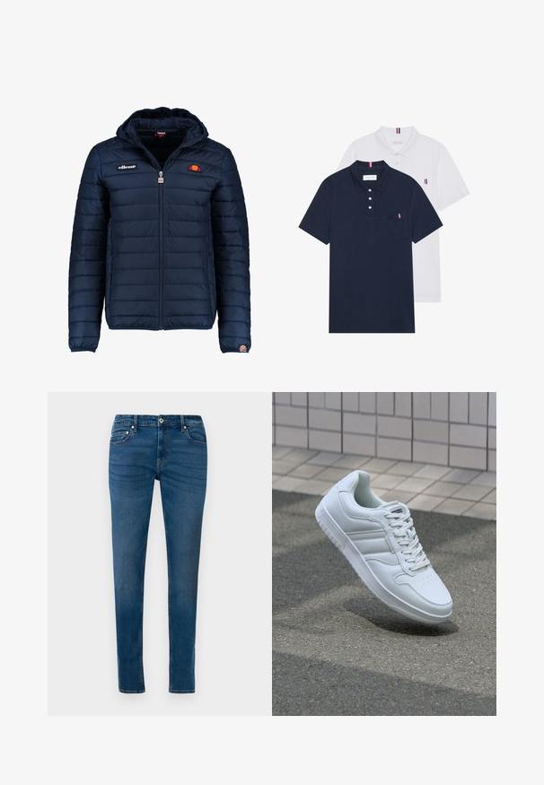 Veste matelassée bleu marine avec capuche, fermeture zippée, coutures en canaux et accents de logo sur la poitrine et la manche. Tissu doux et texturé.; Deux polos : un bleu marine et un blanc, tous deux avec un petit accent rouge, blanc et bleu sur la poche poitrine et le col.; Jean skinny en denim bleu avec fermeture à bouton à l'avant, passants de ceinture, et poches avant et arrière, présentés sur un fond blanc.; Baskets blanches de sport avec une tige en cuir lisse, un laçage à l'avant, une pointe perforée et une semelle à motifs. Design minimaliste avec trois bandes latérales.