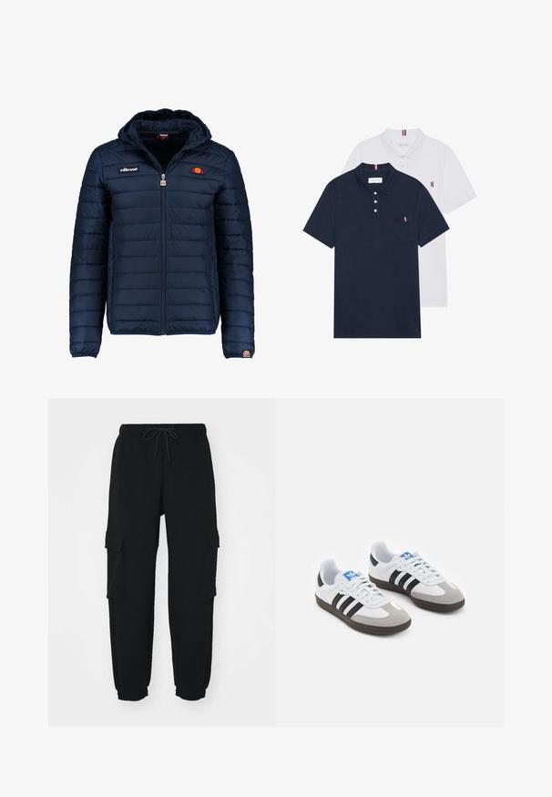 Casaco puffer azul marinho com capuz, fecho de correr, costura em canais e detalhes do logo no peito e na manga. Tecido macio e texturizado.; Duas camisetas polo: uma azul-marinho e uma branca, ambas com um pequeno detalhe em vermelho, branco e azul no bolso do peito e na gola.; Calças de fato pretas feitas de tecido macio, com dois bolsos laterais tipo cargo, uma cintura elástica com cordão e punhos afinados.; Ténis desportivos com um cabedal em pele branca, biqueira em camurça cinza e três riscas pretas. Apresenta um logo azul na língua e uma sola de borracha texturizada.