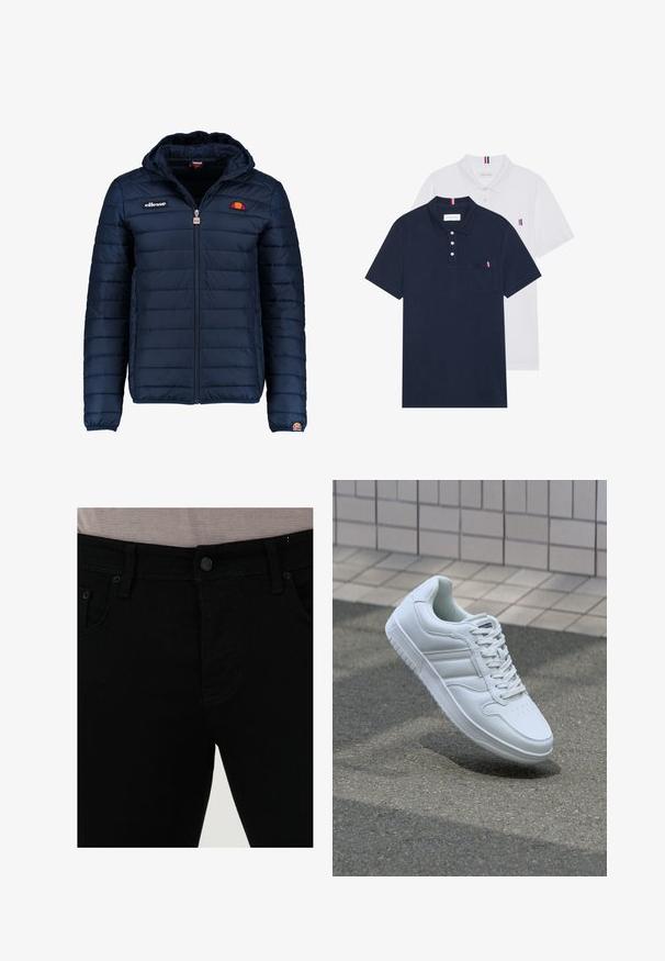 Mornaricnoplava pufasta jakna s kapuljačom, zatvaranje na zip, kanalno šivanje i akcenti s logom na prsima i rukavu. Mekani, teksturirani materijal.; Dva polo majice: jedna tamnoplava i jedna bijela, obje s malim crveno-bijelim-plavim naglaskom na džepu i ovratniku.; Crne traperice od denima s glatkom teksturom, dizajnom s pet džepova i zatvaranjem na jedan gumb. Šavovi se blago kontrastiraju s tkaninom.; Bijela atletska tenisica s glatkim kožnim gornjim dijelom, vezanjem sprijeda, perforiranim vrhom i uzorkovanim đonom. Minimalistički dizajn s tri bočne pruge.