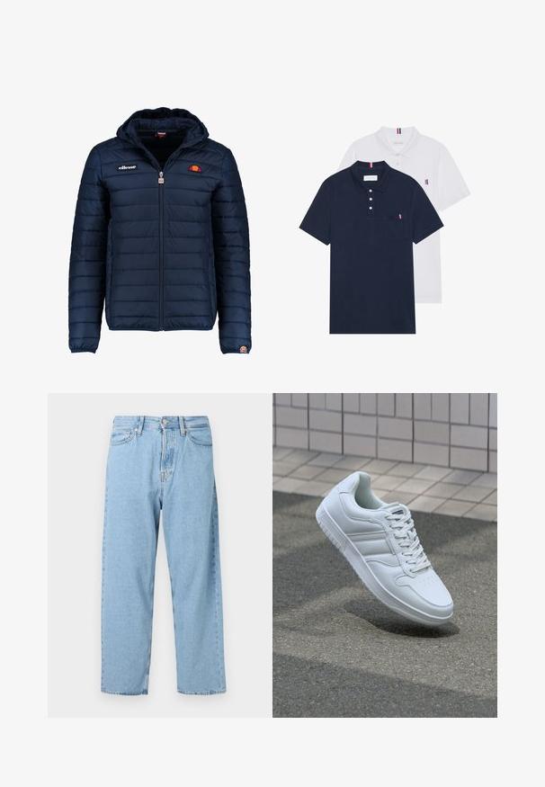 Dunkelblaue Daunenjacke mit Kapuze, Reißverschluss, Kastensteppnähten und Logo-Akzenten auf der Brust und dem Ärmel. Weicher, strukturierter Stoff.; Zwei Poloshirts: eines in marineblau und eines in Weiß, beide mit einem kleinen rot, weiß und blauen Akzent auf der Brusttasche und dem Kragen.; Helle blaue, hochgeschnittene gerade Jeans mit fünf Taschen sowie einem vorderen Knopf- und Reißverschluss.; Weiße sportliche Sneaker mit Obermaterial aus glattem Leder, Schnürfront, durchlöchtem Zehenbereich und gemusterter Sohle. Minimalistisches Design mit drei Seitenstreifen.