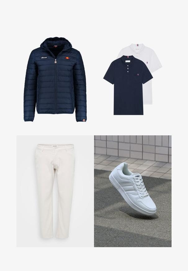 Veste matelassée bleu marine avec capuche, fermeture zippée, coutures en canaux et accents de logo sur la poitrine et la manche. Tissu doux et texturé.; Deux polos : un bleu marine et un blanc, tous deux avec un petit accent rouge, blanc et bleu sur la poche poitrine et le col.; Chinos blancs en coton avec taille standard, design à jambe droite, poches avant et fermeture à un seul bouton. Texture douce, style minimaliste.; Baskets blanches de sport avec une tige en cuir lisse, un laçage à l'avant, une pointe perforée et une semelle à motifs. Design minimaliste avec trois bandes latérales.