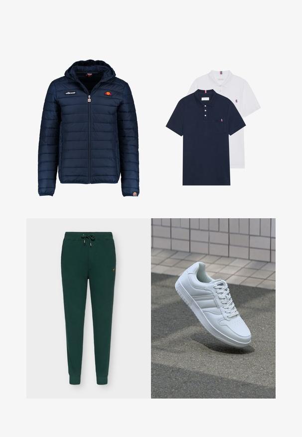 Casaco puffer azul marinho com capuz, fecho de correr, costura em canais e detalhes do logo no peito e na manga. Tecido macio e texturizado.; Duas camisetas polo: uma azul-marinho e uma branca, ambas com um pequeno detalhe em vermelho, branco e azul no bolso do peito e na gola.; Calças de fato em algodão verde, corte ajustado, cós elástico com cordão, punhos canelados, detalhe sutil do logótipo dourado na lateral.; Sapatilha desportiva branca com parte superior em couro liso, frente com atacadores, bico perfurado e sola padronizada. Design minimalista com três riscas laterais.