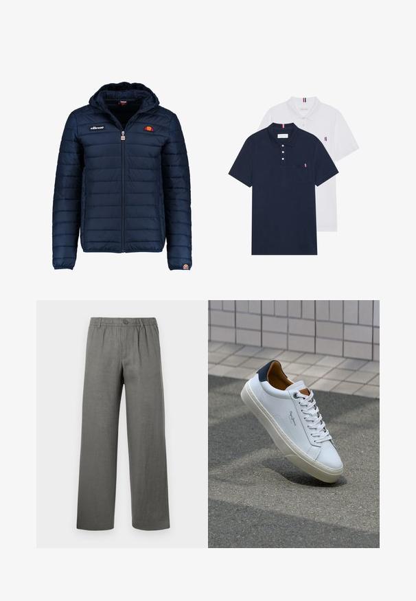 Dunkelblaue Daunenjacke mit Kapuze, Reißverschluss, Kastensteppnähten und Logo-Akzenten auf der Brust und dem Ärmel. Weicher, strukturierter Stoff.; Zwei Poloshirts: eines in marineblau und eines in Weiß, beide mit einem kleinen rot, weiß und blauen Akzent auf der Brusttasche und dem Kragen.; Graue Leinenhose mit entspannter Passform, elastischem Bund, Knopfverschluss und geraden Beinen. Glatte Textur, minimalistisches Design.; Weiße Ledersneaker mit navyfarbenem Fersenbereich, runder Zehenpartie und kontrastierenden braunen Akzenten. Verfügt über flache Schnürsenkel und eine strukturierte Gummisohle.