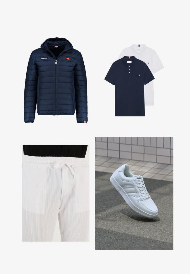 Temno modra napihnjena jakna s kapuco, z zadrgo, kanalnim šivom in logotipom na prsih in rokavu. Mehka, teksturirana tkanina.; Dve polo majice: ena mornarsko modra in ena bela, obe z majhnim rdečim, belim in modrim poudarjanjem na žepu in ovratniku.; Buratti Hlače - white; Bela atletska teniska obutev z gladkim usnjenim zgornjim delom, vezanjem spredaj, perforiranim prstom in vzorčastim podplatom. Minimalistična zasnova s tremi stranskimi črtami.