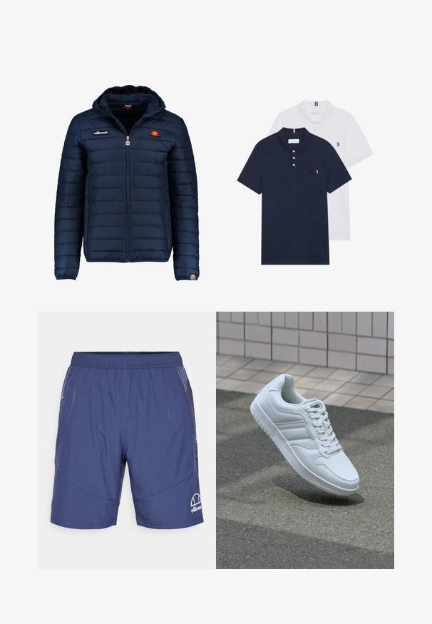 Dunkelblaue Daunenjacke mit Kapuze, Reißverschluss, Kastensteppnähten und Logo-Akzenten auf der Brust und dem Ärmel. Weicher, strukturierter Stoff.; Zwei Poloshirts: eines in marineblau und eines in Weiß, beide mit einem kleinen rot, weiß und blauen Akzent auf der Brusttasche und dem Kragen.; Marineblaue Shorts aus leichtem Stoff, mit elastischem Bund, Seitentaschen und einem weißen Logo auf der unteren linken Seite.; Weiße sportliche Sneaker mit Obermaterial aus glattem Leder, Schnürfront, durchlöchtem Zehenbereich und gemusterter Sohle. Minimalistisches Design mit drei Seitenstreifen.