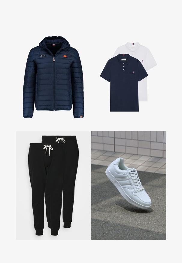 Marineblauwe gewatteerde jas met een capuchon, ritsluiting, kanalenstiksel en logoaccenten op de borst en mouw. Zachte, gestructureerde stof.; Twee polo shirts: één marineblauw en één wit, beide met een kleine rood, wit en blauwe accent op de borstzak en kraag.; Zwarte katoenen sweatpants met een trekkoord in de taille, taps toelopende pijpen en geribbelde manchetten; toont twee paar gepresenteerd.; Witte sportsneaker met een glad leren bovenwerk, vetersluiting aan de voorkant, geperforeerde neus en een geprofileerde zool. Minimalistisch ontwerp met drie zijstrepen.