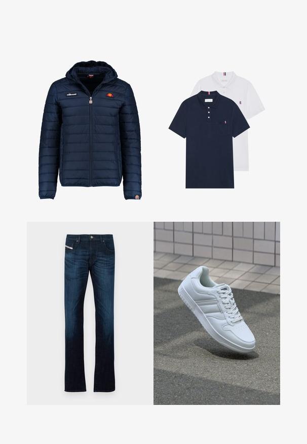 Giubbotto imbottito blu navy con cappuccio, chiusura con zip, cuciture a canale e dettagli con logo sul petto e sulla manica. Tessuto morbido e testurizzato.; Due polo shirt: uno blu navy e uno bianco, entrambi con un piccolo accento rosso, bianco e blu sulla tasca del petto e sul colletto.; Jeans dritti blu scuro con tasche frontali, passanti per la cintura, chiusura a bottone e dettagli di scolorimento lungo le cosce e le ginocchia.; Sneaker sportivo bianco con tomaia in pelle liscia, chiusura con lacci, punta perforata e suola decorata. Design minimalista con tre strisce laterali.