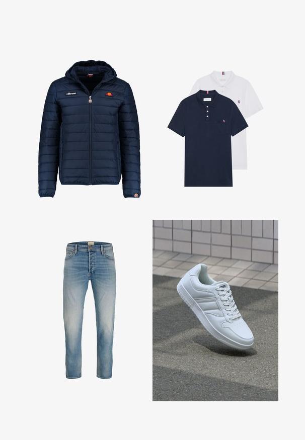 Chaqueta acolchada azul marino con capucha, cierre de cremallera, costuras en canales y acentos de logo en el pecho y la manga. Tejido suave y texturizado.; Dos camisetas polo: una de color azul marino y otra blanca, ambas con un pequeño acento en rojo, blanco y azul en el bolsillo del pecho y el cuello.; Vaqueros rectos de lavado azul claro, desvaídos, con cinco bolsillos y cierre de botón, mostrados de frente sobre un fondo blanco.; Zapatilla atlética blanca con parte superior de cuero suave, cierre de cordones en el frente, puntera perforada y suela con patrón. Diseño minimalista con tres rayas laterales.