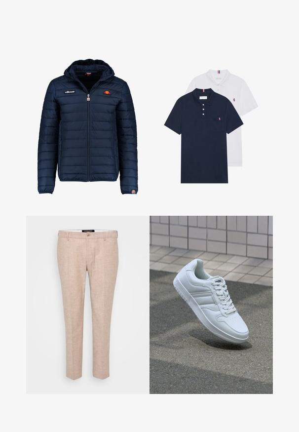 Tamsiai mėlynas pūkinis švarkas su gobtuvu, užtrauktuku, kanalų siuvimu ir logotipo akcentais krūtinėje bei rankovėje. Minkšta, tekstūruota medžiaga.; Du keturių marškiniai: vienas tamsiai mėlynas ir vienas baltas, abu su mažais raudonais, baltais ir mėlynais akcentais ant krūtinės kišenės ir apykaklės.; Šviesiai smėlio spalvos kelnės, pagamintos iš lino mišinio, su plokščiu priekiu, diržo kilpomis ir vienu sagos uždarymu. Tiesus, pritaikytas siluetas.; Baltos sportinės kedai su lygaus odos viršumi, raišteliais priekyje, perforuotu kojų pirštu ir raštuotu padu. Minimalistinis dizainas su trimis šoninėmis juostelėmis.