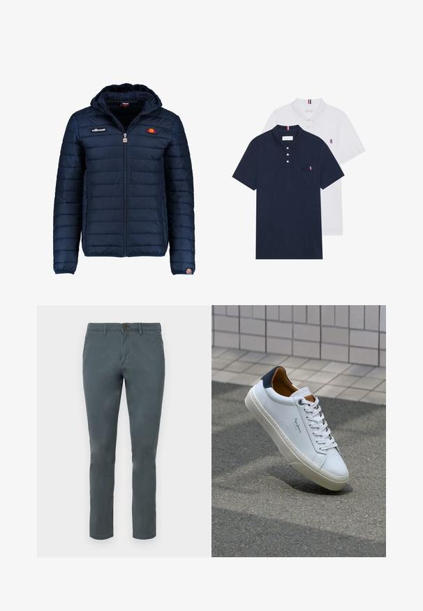 Navy blue puffer jacket with a hood, zip closure, channel stitching, and logo accents on the chest and sleeve. Soft, textured fabric.; Two polo shirts: one navy blue and one white, both with a small red, white, and blue accent on the chest pocket and collar.; Gray cotton blend pants with a slim fit, button closure, and two front pockets. Smooth texture and straight leg design.; White leather sneaker with a navy heel, round toe, and contrasting brown accents. Features flat laces and textured rubber sole.