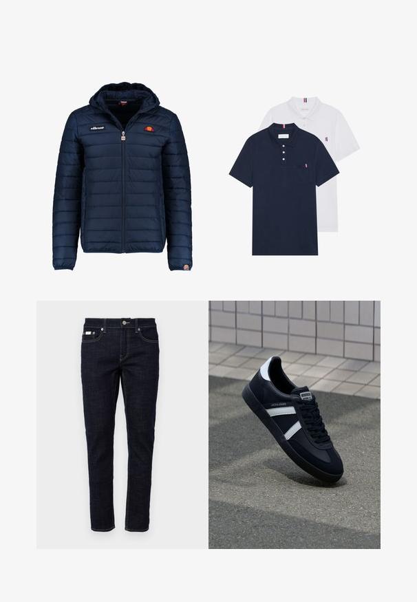 Námořnická modrá péřová bunda s kapucí, zipovým zapínáním, prošívaným vzorem a logem na hrudi a rukávu. Měkká, texturovaná látka.; Dvě polo trička: jedno námořnické modré a jedno bílé, obě s malým červeným, bílým a modrým akcentem na kapse a límci.; Tmavě modré džíny s úzkým střihem, pěti kapsami, tradičním prošíváním a kovovým zapínáním v pase. Ostrá textura.; Černé kožené tenisky s bílými pruhy, texturovanou gumovou podrážkou a šněrováním vpředu. Obsahují značenou etiketu na jazyku.