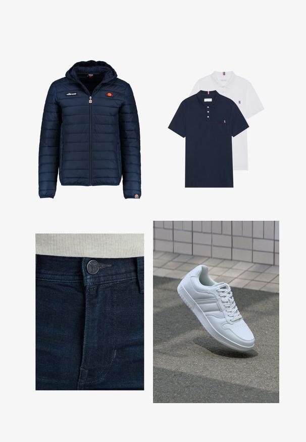 Granatowa kurtka puchowa z kapturem, zapinana na zamek, z przeszyciami w kształcie kanałów oraz akcentami loga na piersi i rękawie. Miękka, teksturowana tkanina.; Dwa koszulki polo: jedna granatowa, a druga biała, obie z małym akcentem w kolorach czerwonym, białym i niebieskim na kieszeni na piersi oraz kołnierzyku.; Granatowe dżinsy z klasycznym pięciopocketowym wzorem, metalowe zapięcie na guzik i subtelna tekstura. Szyte szwy wzdłuż krawędzi.; Białe sportowe trampki z gładkiej skóry, z zapięciem na sznurowadła, perforowanym noskiem i wzorzystą podeszwą. Minimalistyczny design z trzema paskami po bokach.